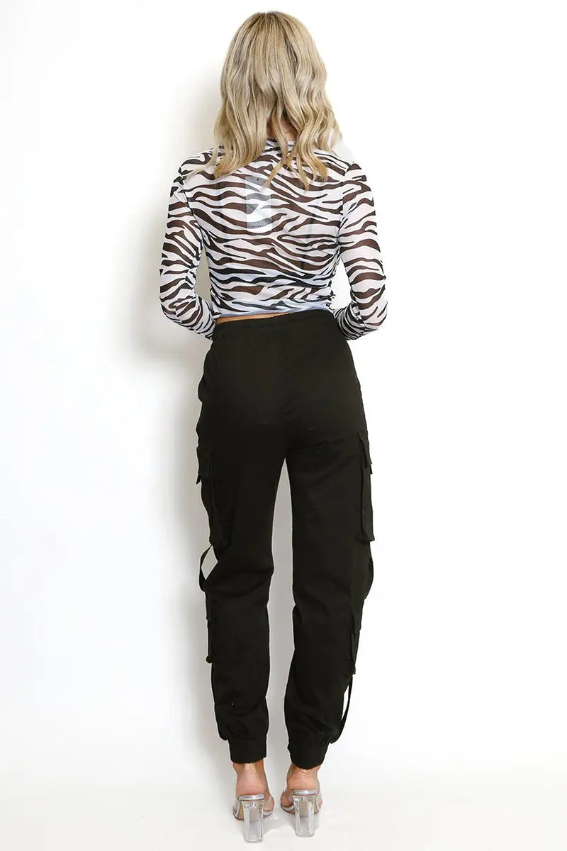 KATCH ME Black Versatile High Waist Multi- Pocket Elastic Drawstring Cargo Pants Trousers