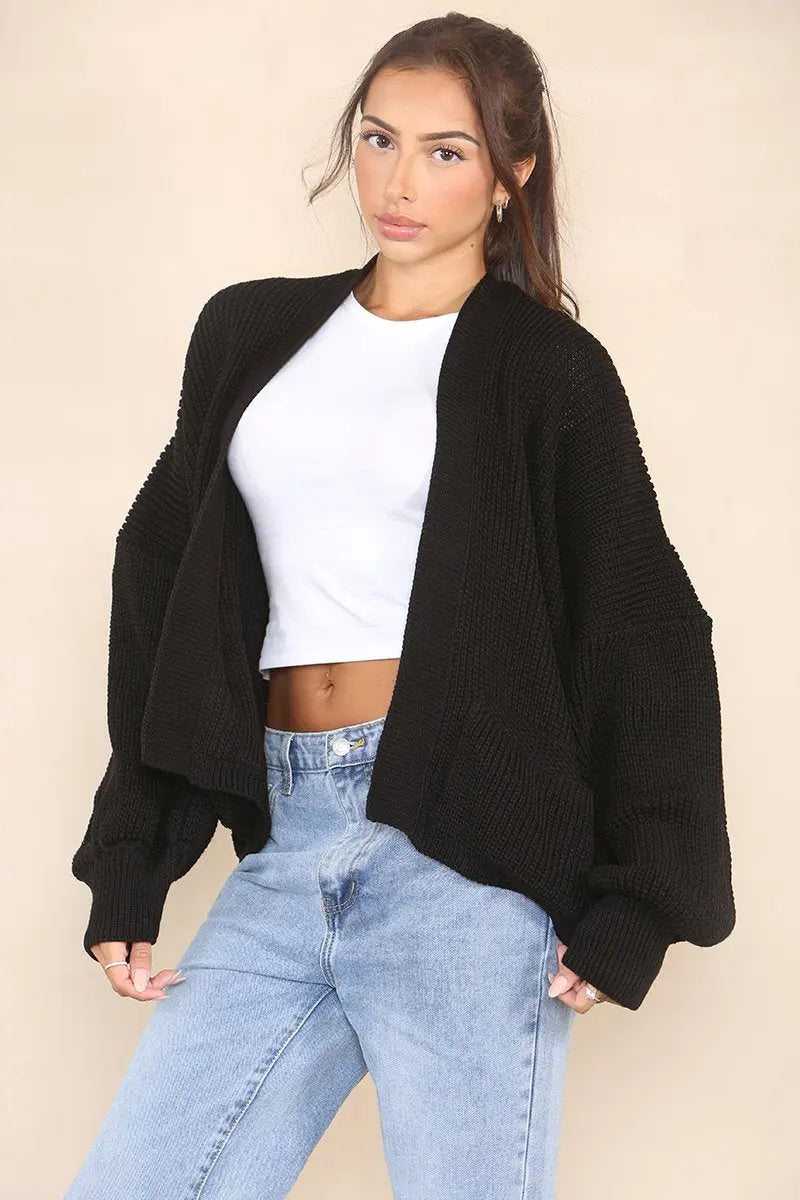 KATCH ME Black Versatile Knit Drop Shoulder Sweater Cardigan Coat 