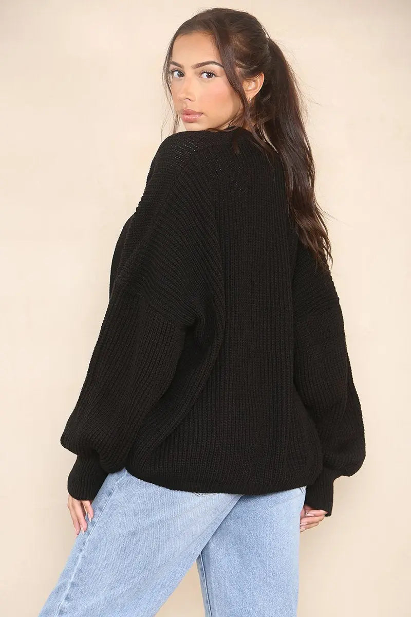 KATCH ME Black Versatile Knit Drop Shoulder Sweater Cardigan Coat 