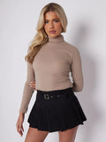 KATCH ME Black Versatile Solid Color High Waist Belt Decor Pleated Skirt Skirts 21.99