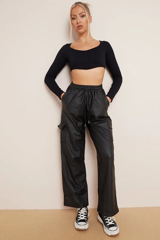 Minimalist Drawstring Waist Wide Leg PU Cargo Pants