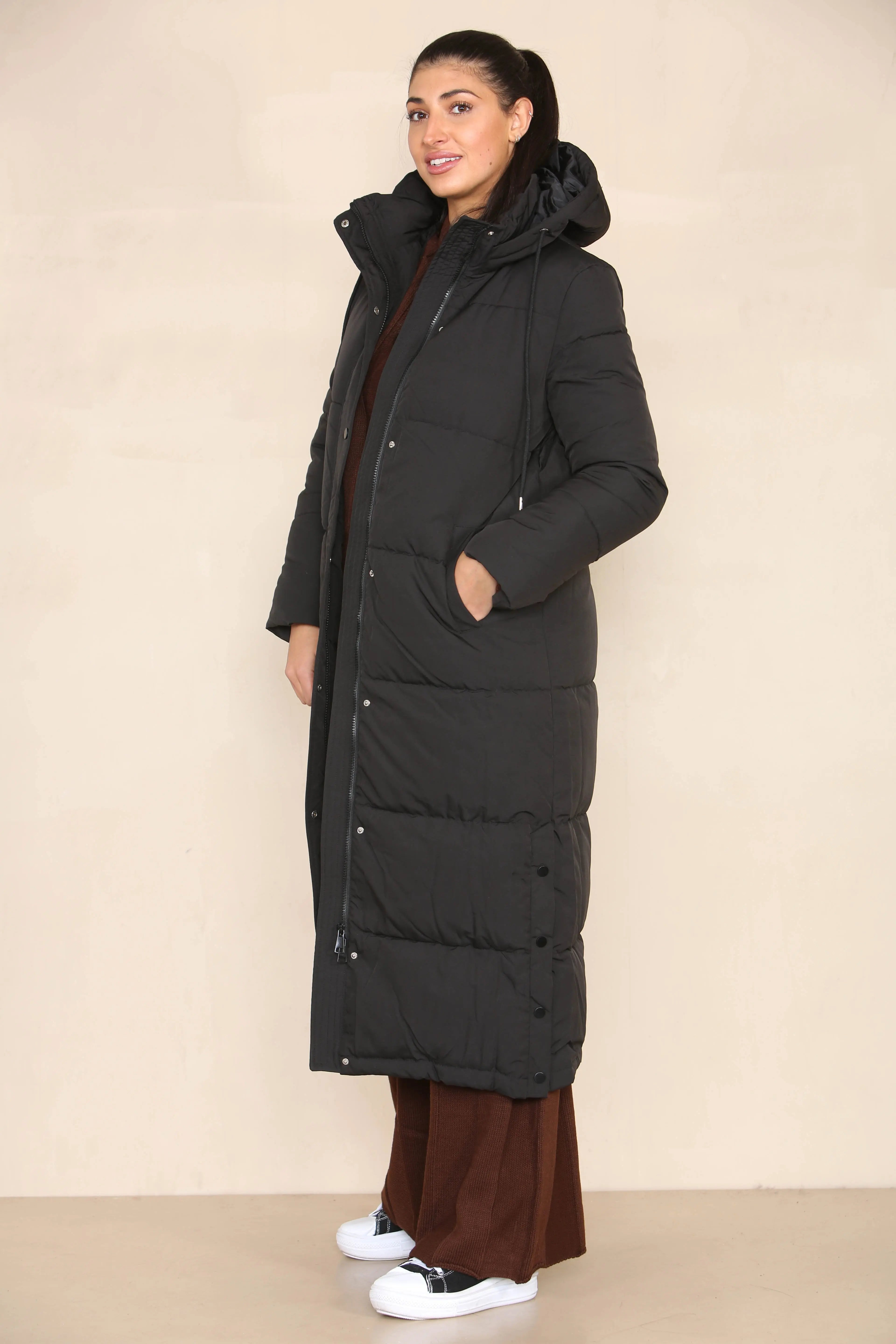KATCH ME Black Winter Chic Side Slit Hooded Zip-Up Thermal Cotton Coat Coat