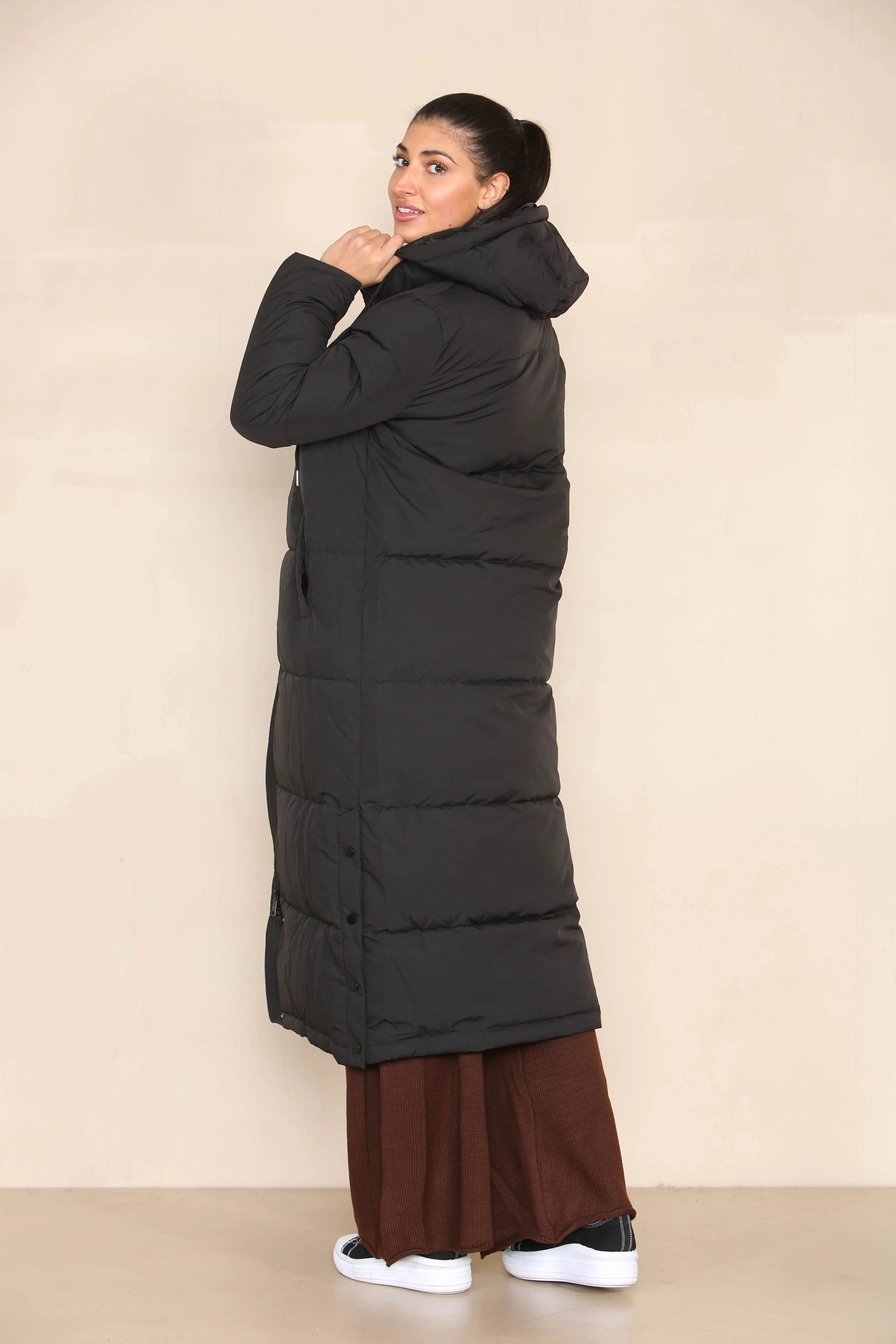 KATCH ME Black Winter Chic Side Slit Hooded Zip-Up Thermal Cotton Coat Coat