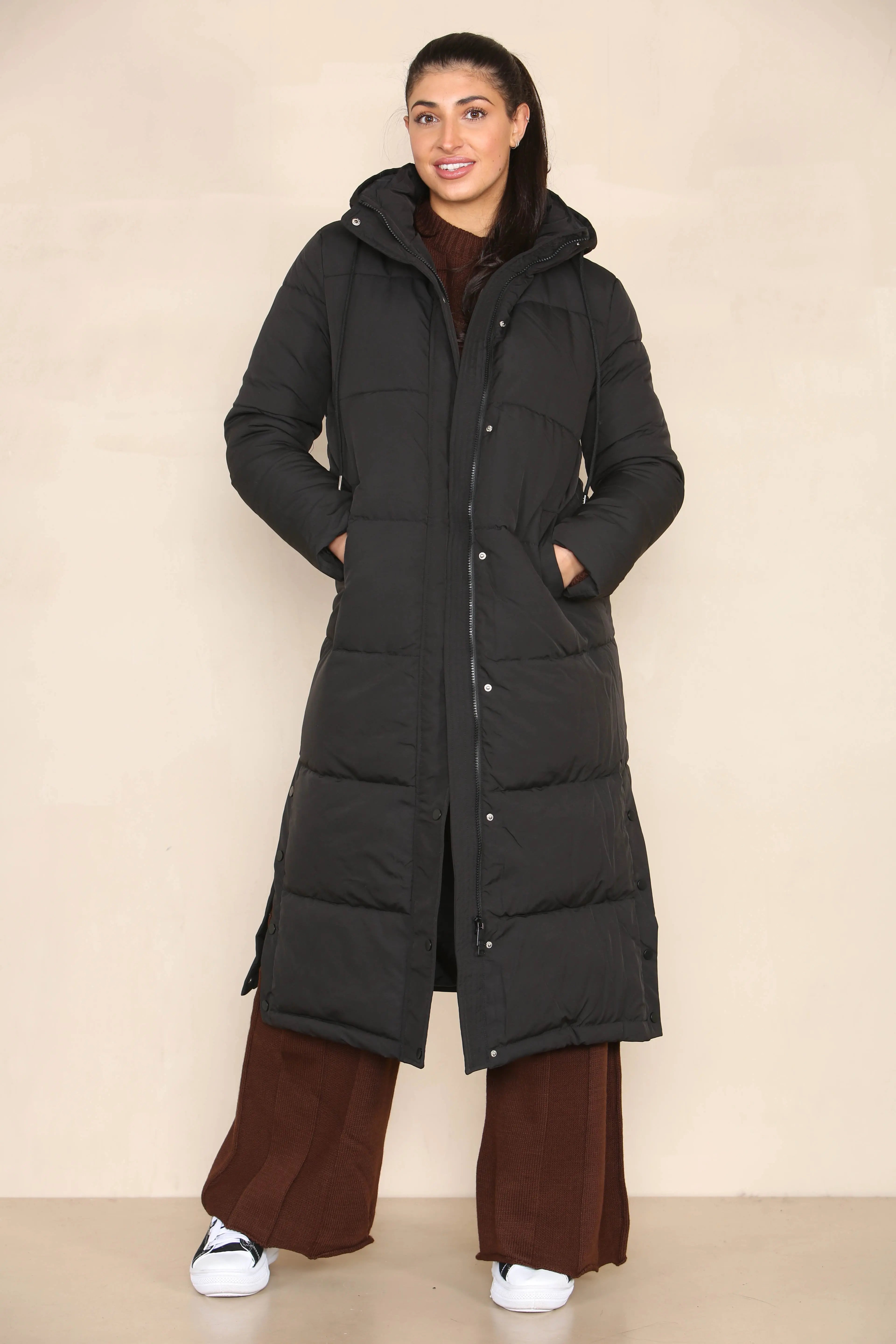 KATCH ME Black Winter Chic Side Slit Hooded Zip-Up Thermal Cotton Coat Coat 46.99