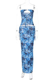 KATCH ME Blue Abstract Print Cut Out Lace-up Top & Skirt Co-ord Co-ord 