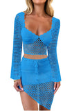 KATCH ME Blue Knitted Crochet Crop Top & Drawstring Irregular Skirt Co-ord Co-ord 