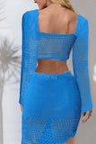 KATCH ME Blue Knitted Crochet Crop Top & Drawstring Irregular Skirt Co-ord Co-ord 