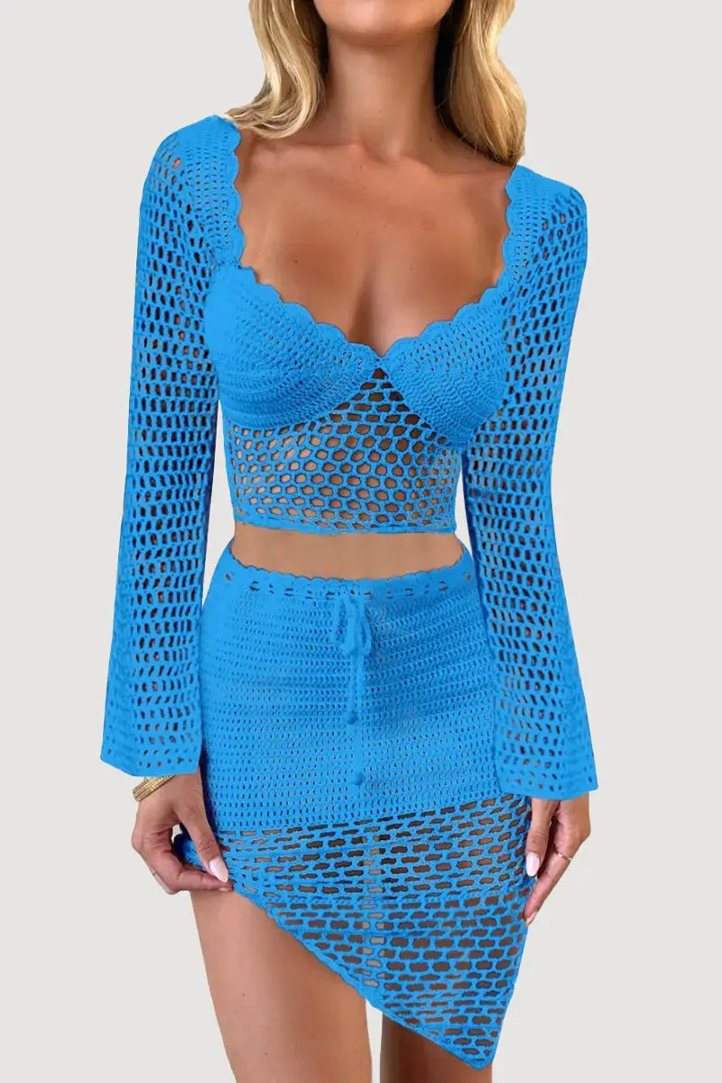 KATCH ME Blue Knitted Crochet Crop Top & Drawstring Irregular Skirt Co-ord Co-ord 31.99