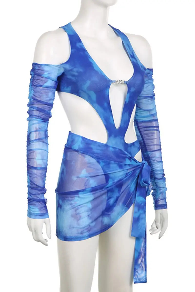 KATCH ME Blue Tie Dye Off The Shoulder Cut Out Jumpsuit & Knotted Skirt Co-ord Co-ord 