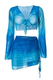 KATCH ME Blue Tie-dye Mesh Front Tie Crop Top & Skirt Co-ord Co-ord 