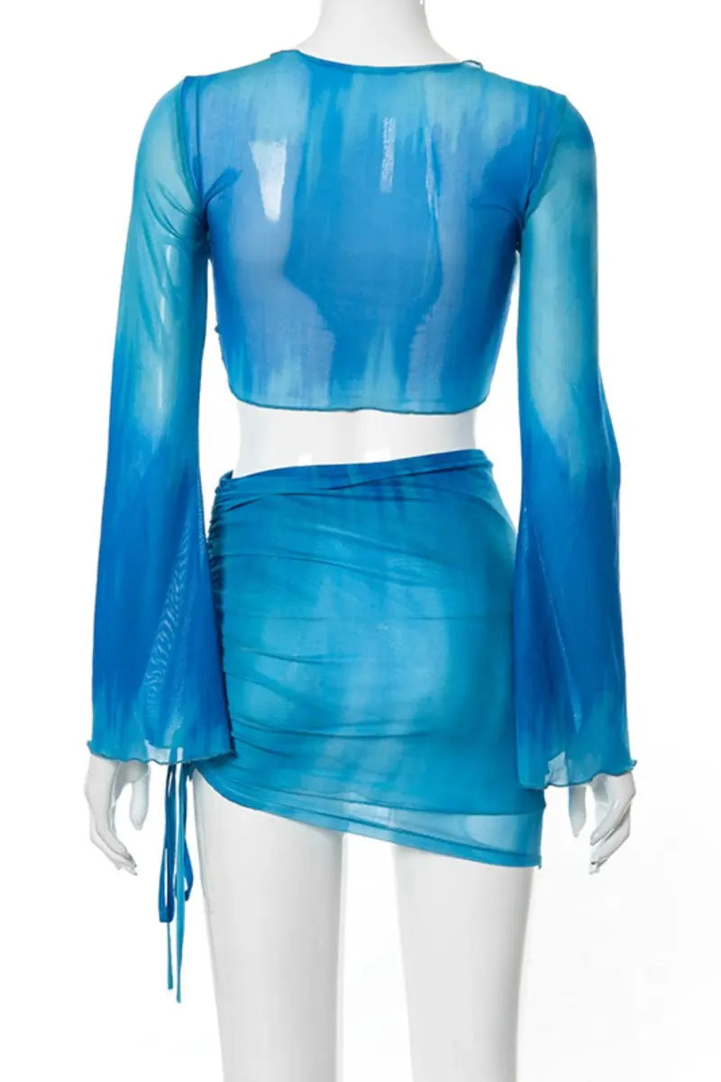 KATCH ME Blue Tie-dye Mesh Front Tie Crop Top & Skirt Co-ord Co-ord 