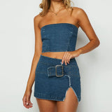 KATCH ME Blue Tube Zip Up Top & Belt Decor Slit Denim Skirt Co-ord Co-ord 