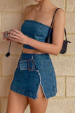 KATCH ME Blue Tube Zip Up Top & Belt Decor Slit Denim Skirt Co-ord Co-ord 