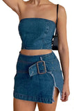 KATCH ME Blue Tube Zip Up Top & Belt Decor Slit Denim Skirt Co-ord Co-ord 