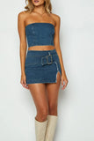 KATCH ME Blue Tube Zip Up Top & Belt Decor Slit Denim Skirt Co-ord Co-ord 