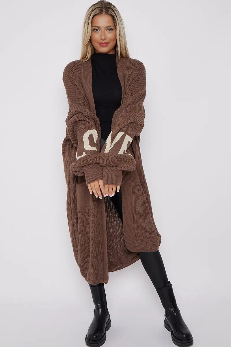 KATCH ME Brown Casual Knit LOVE Print Drop Shoulder Open-Front Long Cardigan Coat 29.99