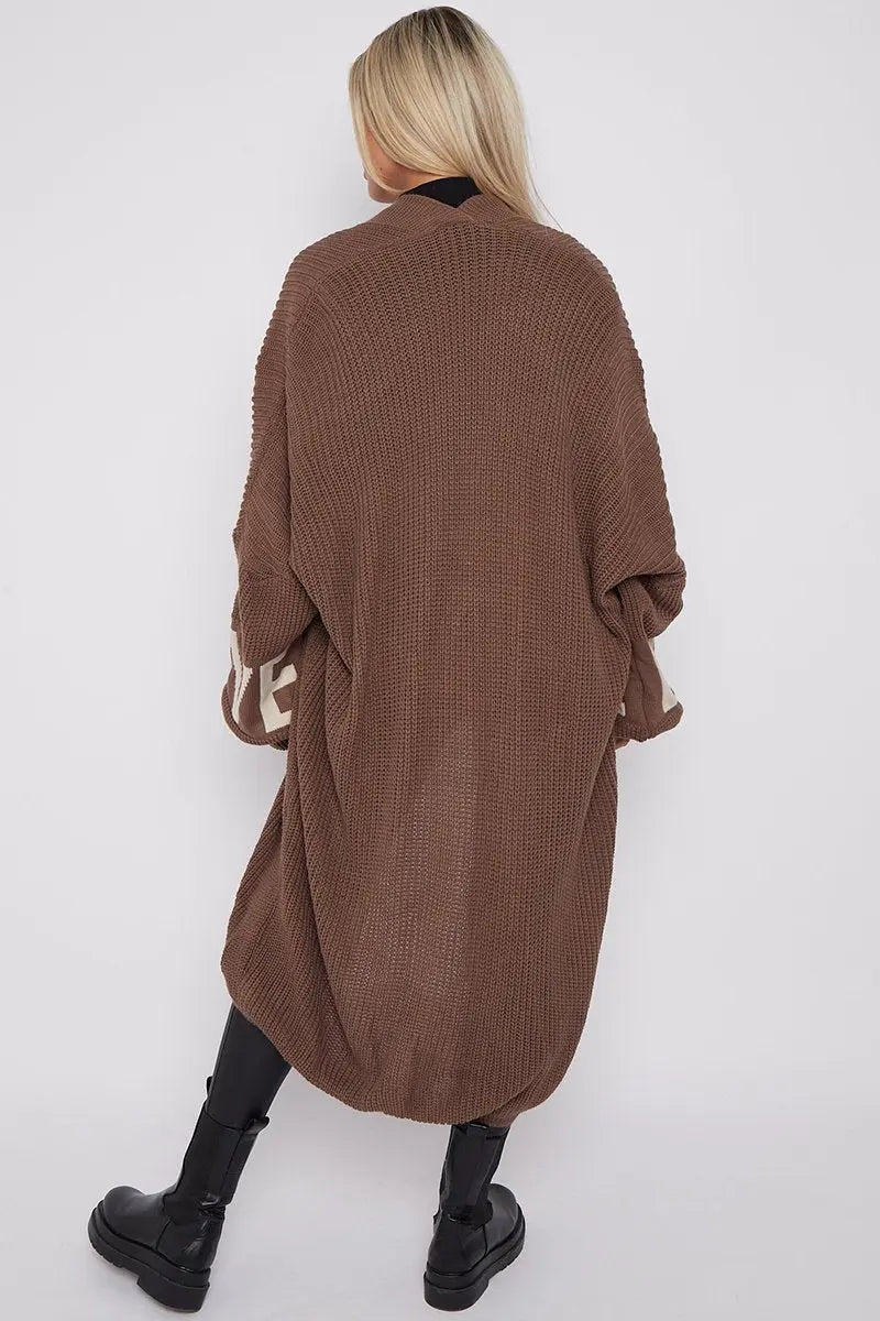 KATCH ME Brown Casual Knit LOVE Print Drop Shoulder Open-Front Long Cardigan Coat