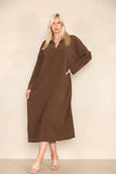 KATCH ME Brown Casual Loungewear V Neck Lapel Corduroy Long Sleeve Loose Dress Dress