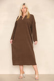 Brown Casual Loungewear V Neck Lapel Corduroy Long Sleeve Loose Dress