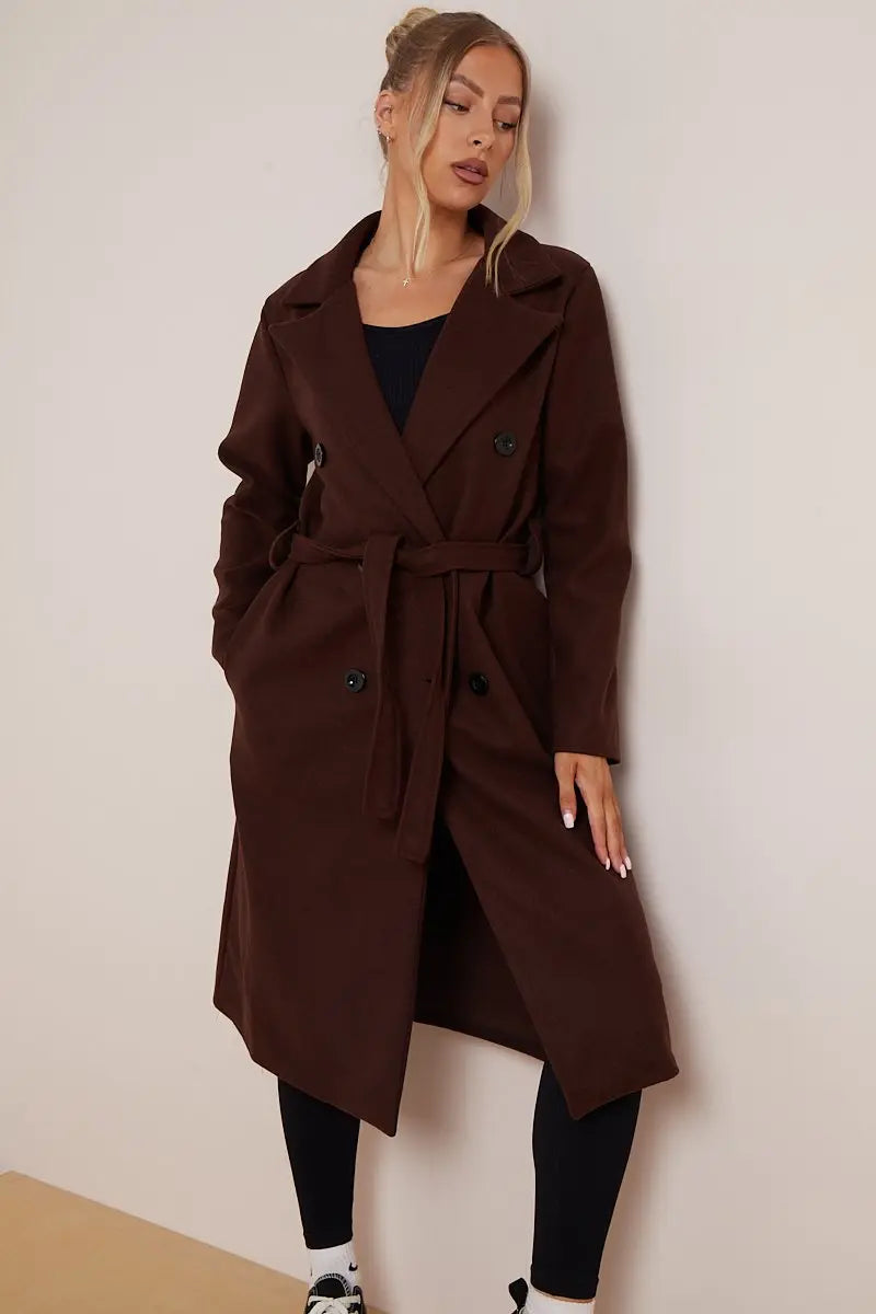 KATCH ME Women's Button Lapel Waist Tie Woollen Coat Coat 