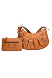Brown PU Cago City Rivet Buckle Adjustable Ruched Shoulder Bag