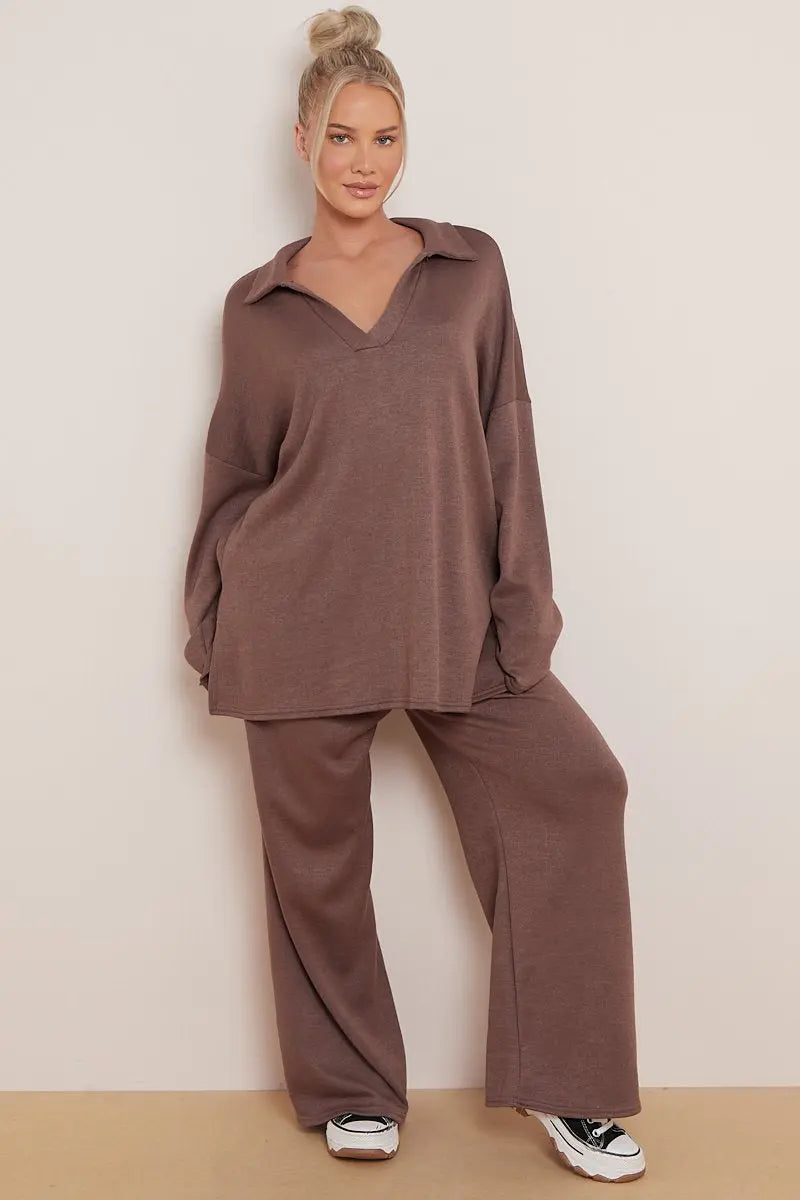 KATCH ME Brown V Neck Long Sleeve Top & Wide Leg Pants Co-ord Co-ord 