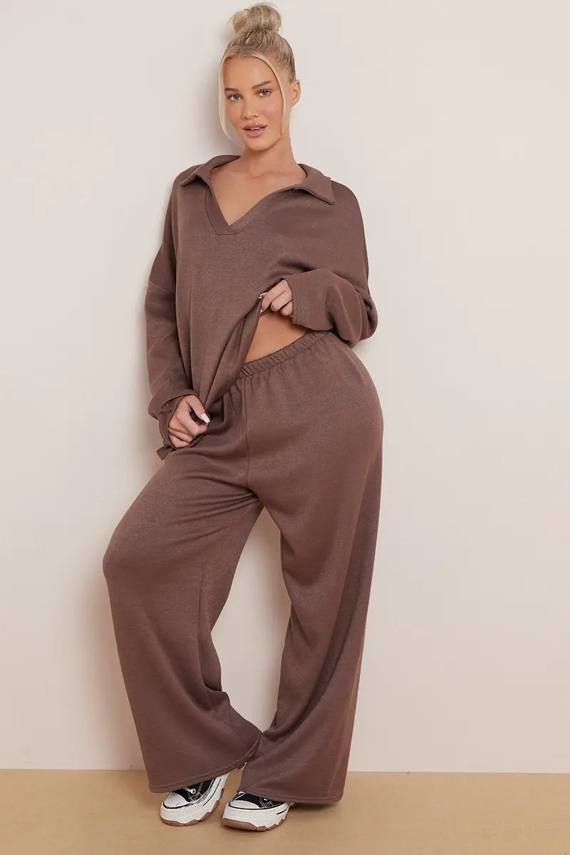 KATCH ME Brown V Neck Long Sleeve Top & Wide Leg Pants Co-ord Co-ord 