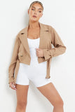 KATCH ME Camel  Notch Lapel Belt Decor Short Jacket Coat 