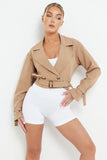 KATCH ME Camel  Notch Lapel Belt Decor Short Jacket Coat 