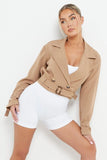KATCH ME Camel  Notch Lapel Belt Decor Short Jacket Coat 