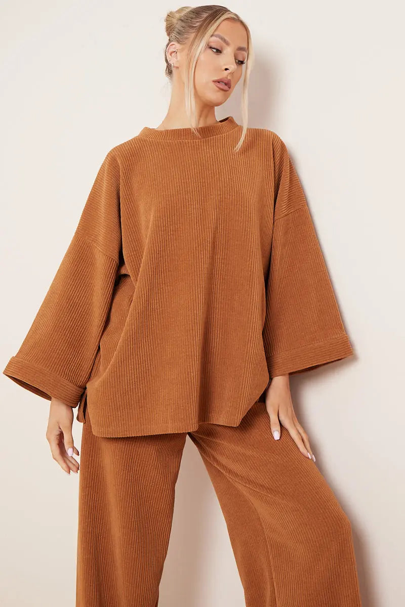 KATCH ME Camel Casual Loose Top & Wide Leg Pants Co-ord Co-ord 