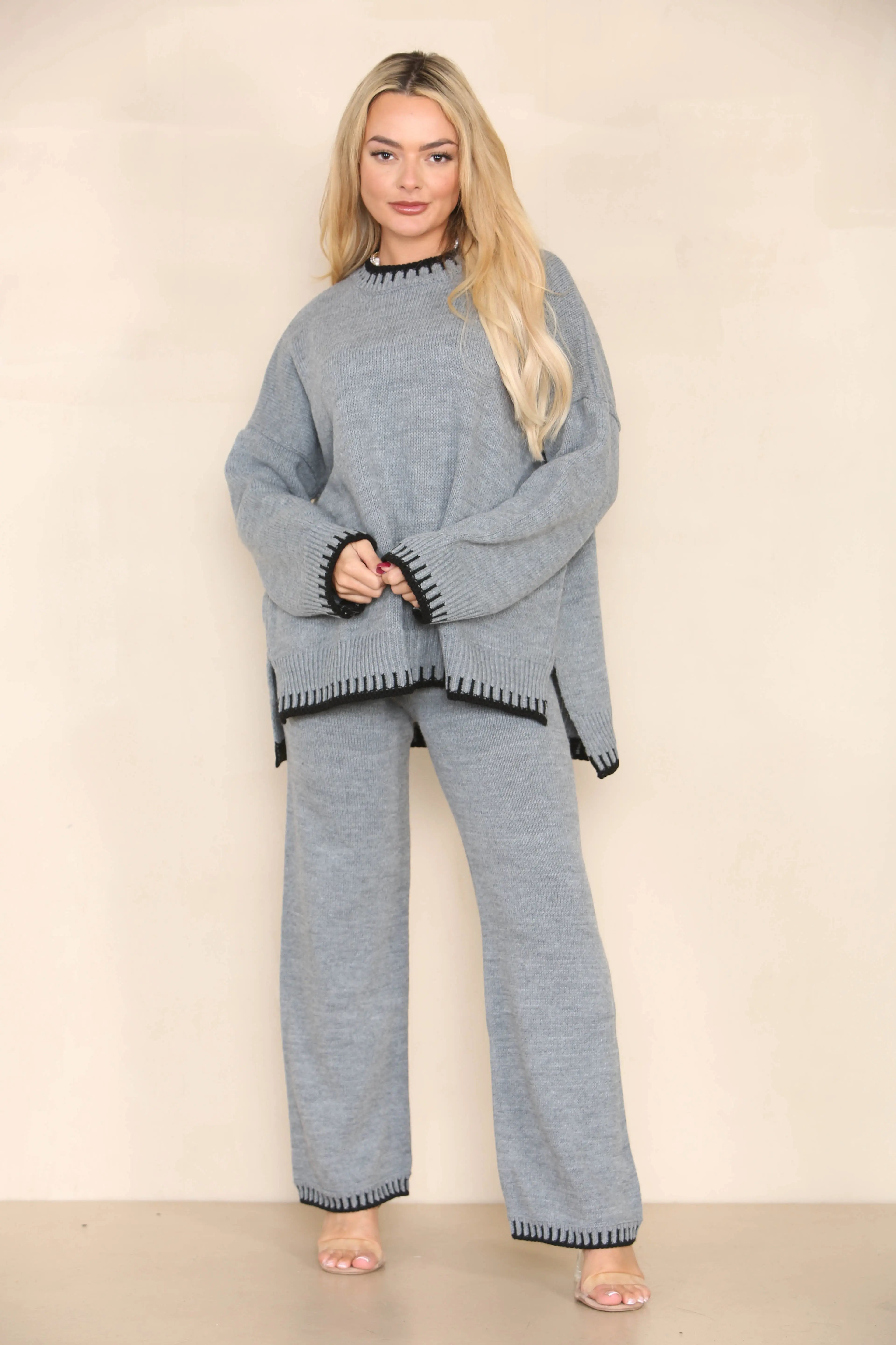 KATCH ME Charcoal Chic Loungewear Wavy Edge Round Neck Long Sleeve Top & Wide Leg Pants Co-ord Co-ord 32.99