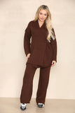 KATCH ME Coffee Commuter Knit V Neck Wrap Tie Curved Edge Pullover & Stretchy Pants Co-ord Co-ord
