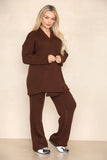 KATCH ME Coffee Commuter Knit V Neck Wrap Tie Curved Edge Pullover & Stretchy Pants Co-ord Co-ord