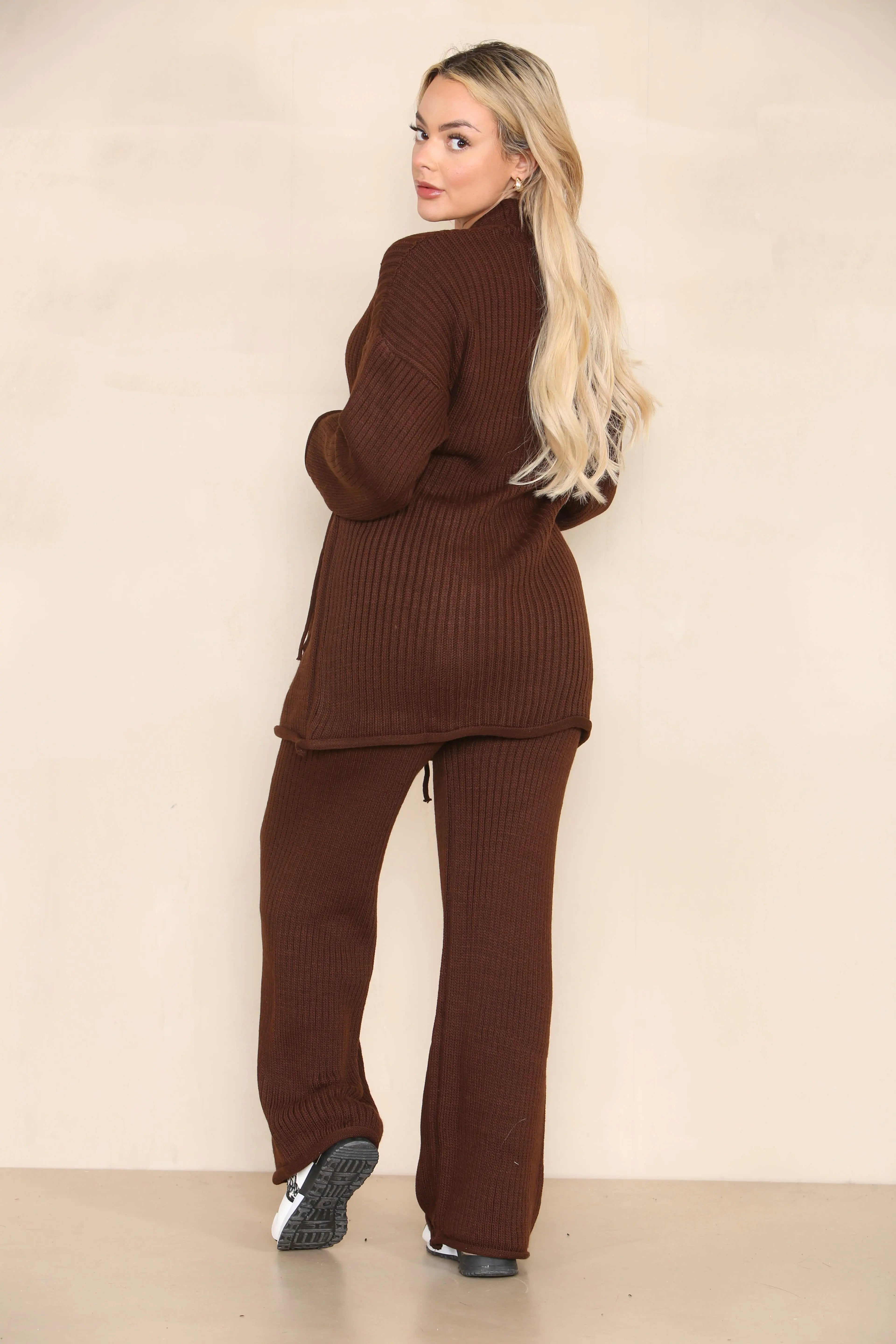 KATCH ME Coffee Commuter Knit V Neck Wrap Tie Curved Edge Pullover & Stretchy Pants Co-ord Co-ord