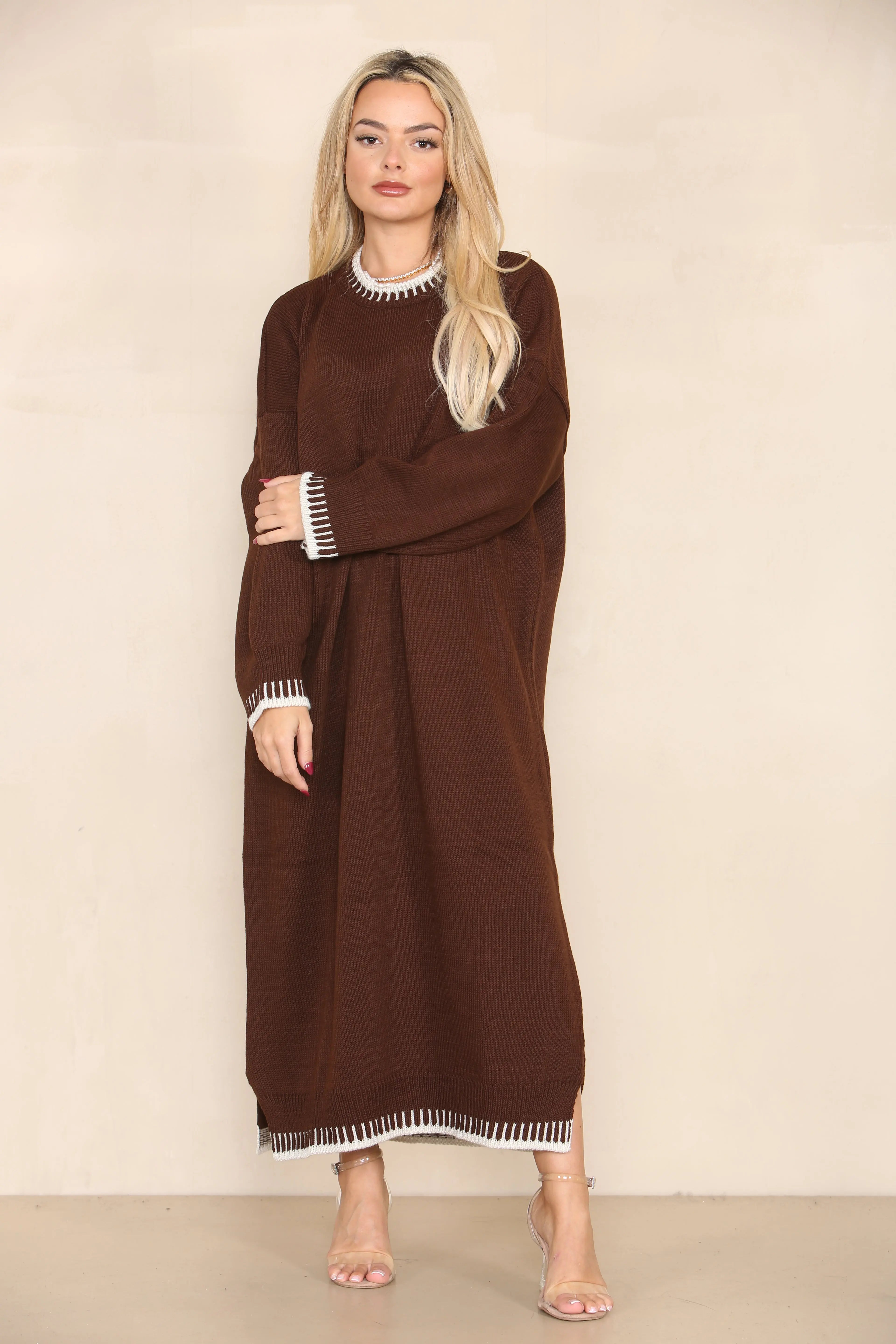 KATCH ME Coffee Commuter Versatile Color Matching Edge Long Sleeve Loose Dress Dress 28.99