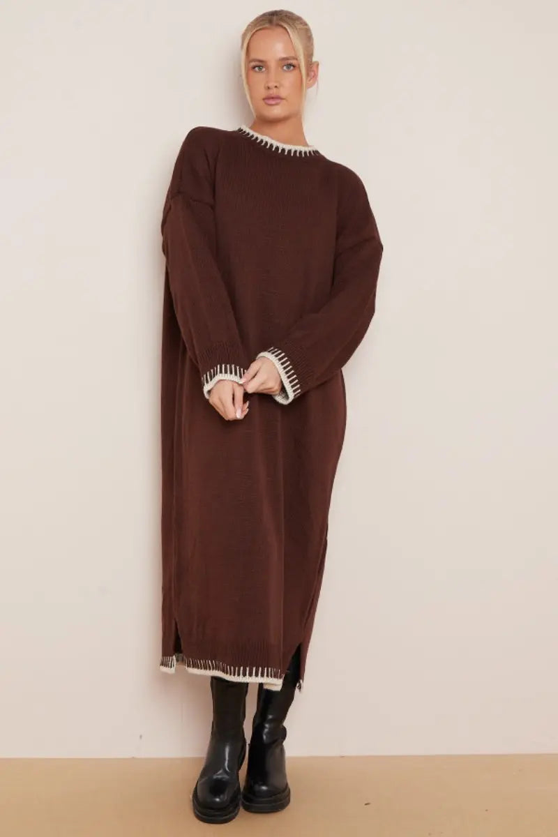 KATCH ME Coffee Commuter Versatile Color Matching Edge Long Sleeve Loose Dress Dress