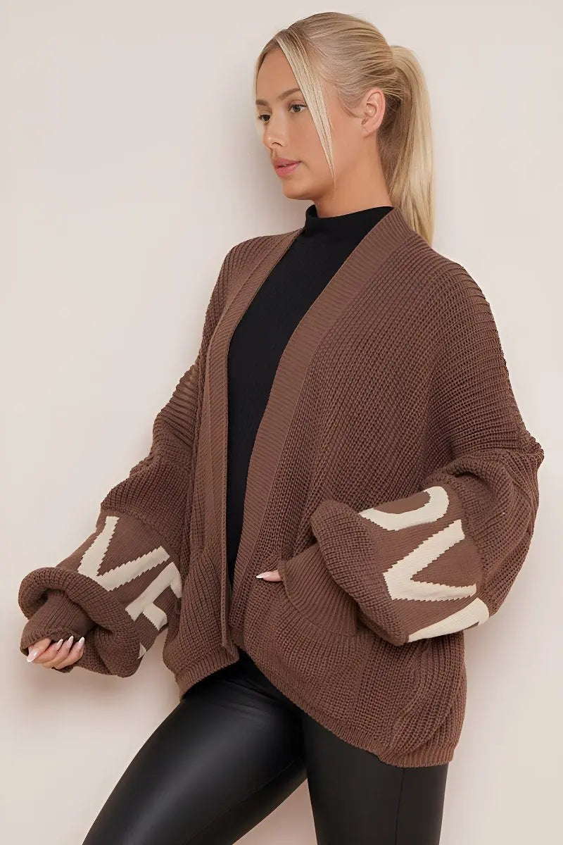 KATCH ME Coffee Stylish LOVE Print Knit Balloon Sleeve Open-Front Sweater Cardigan Coat