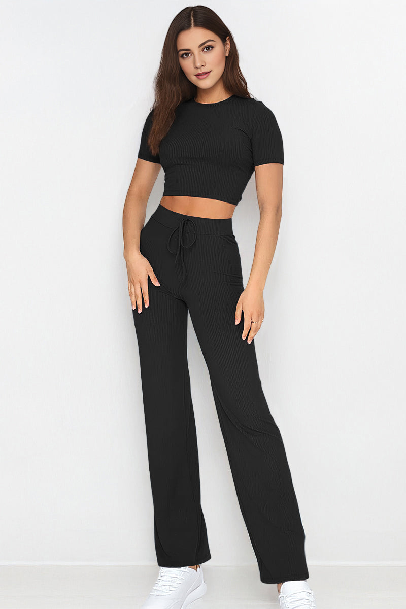Katchme Comfort Pinstripe Round Neck Drawstring Waist Two Piece Co-ord - KATCH ME UK-Co-ord
