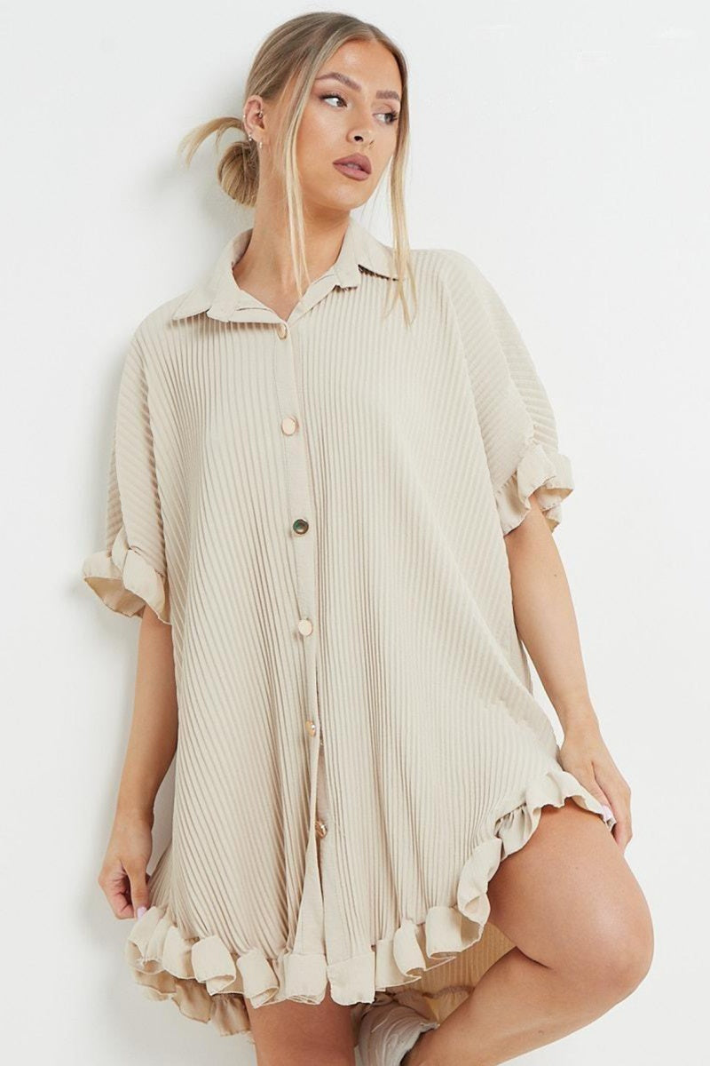 Katchme Comfort Plain Collared Neck Ruffle Sleeve Button Through Shirtdress - KATCH ME UK-Tops