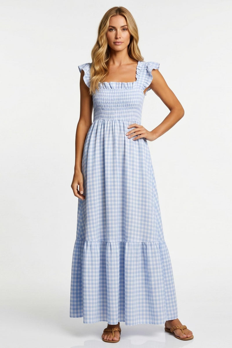 Katchme Comfort Skin-Friendly Plaid Square Neck Ruched Maxi Dress - KATCH ME UK-Dress