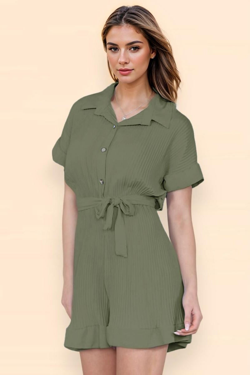 Katchme Comfort Solid Color Collared Neck Waist Tie Short Sleeve Playsuit - KATCH ME UK-Dress