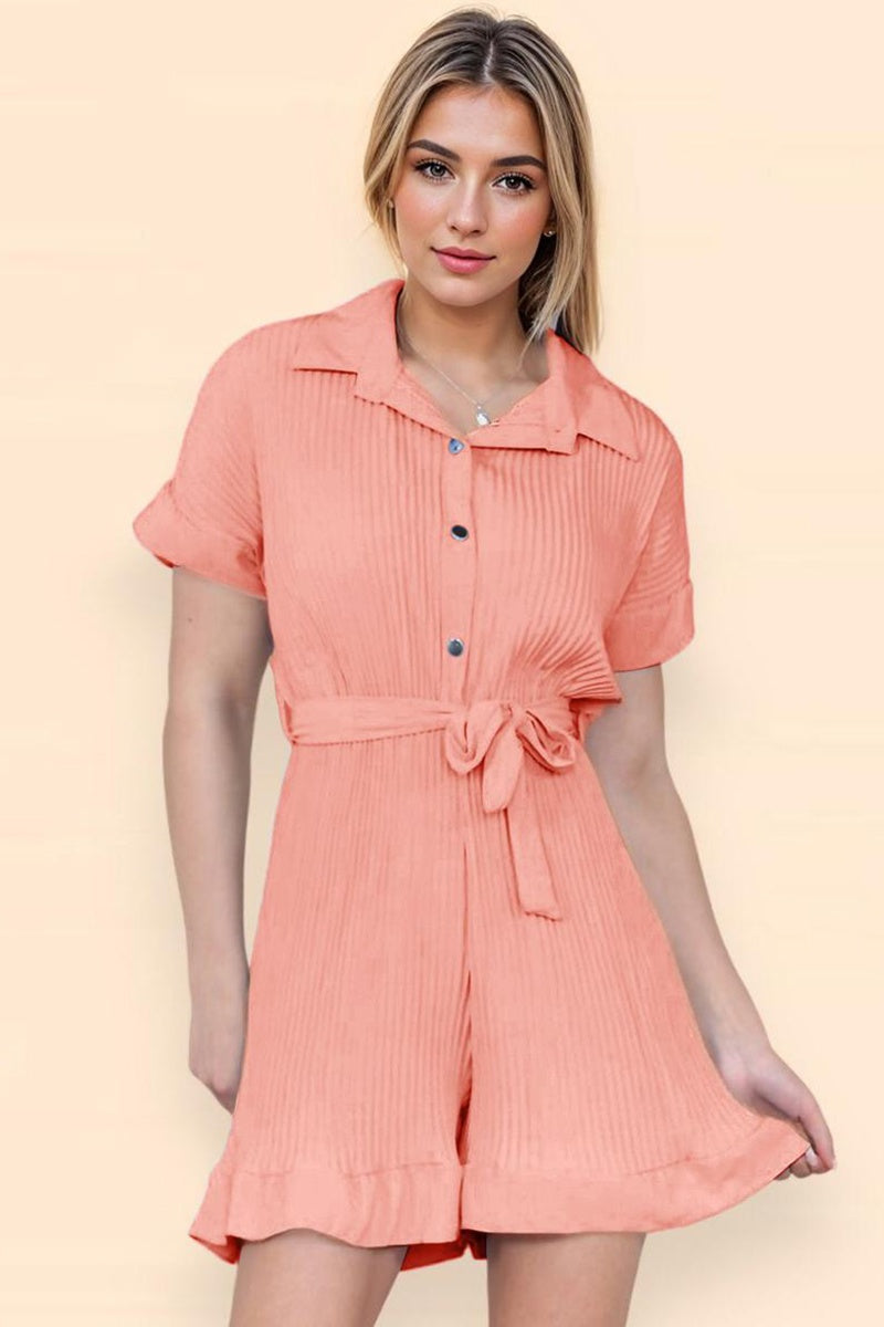 Katchme Comfort Solid Color Collared Neck Waist Tie Short Sleeve Playsuit - KATCH ME UK-Dress