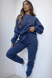 KATCH ME Dark Blue Round Neck Ribbed Sweatshirt & Elasticated Pants Co-ord Co-ord 