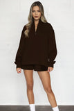 KATCH ME Dark Brown Stand Collar Zipper Sweatshirt & Drawstring Shorts Co-ord Co-ord 