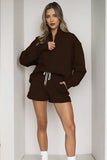 KATCH ME Dark Brown Stand Collar Zipper Sweatshirt & Drawstring Shorts Co-ord Co-ord 