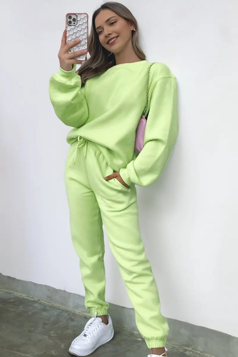 KATCH ME Fluorescent Green Round Neck Ribbed Sweatshirt & Elasticated Pants Co-ord Co-ord 
