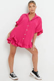 KATCH ME Fuchsia Button Flounce Short Sleeve Top & Elasticated Shorts Co-ord Co-ord 