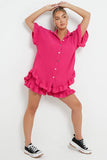 KATCH ME Fuchsia Button Flounce Short Sleeve Top & Elasticated Shorts Co-ord Co-ord 