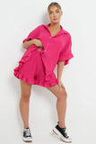 KATCH ME Fuchsia Button Flounce Short Sleeve Top & Elasticated Shorts Co-ord Co-ord 